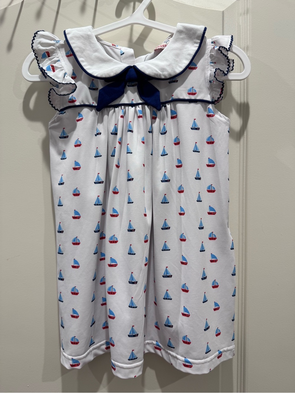 Smockingbird White Sailboat-Print Girls' Casual Dress with Navy Bow